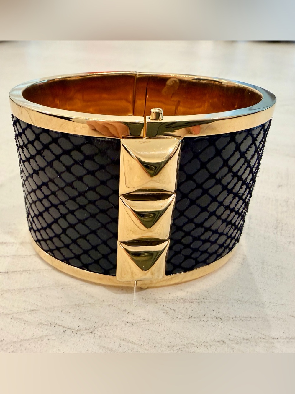 Gold and Black Textured Pyramid/Stud Accent Cuff Bracelet